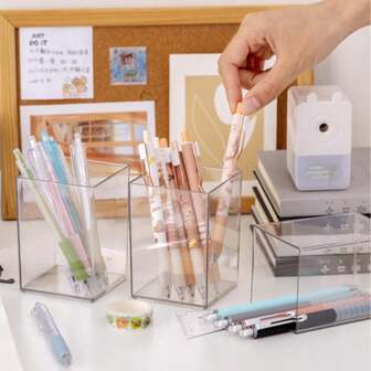 Soporte transparente de acrílico cuadrado para bolígrafos, juego de papelería con soporte transparente de estilo minimalista, adecuado para pegatinas DIY, excelente para la escuela, el hogar, la oficina, útiles escolares, útiles de oficina, adecuado para estudiantes y profesionales, organizador de escritorio para bolígrafos, papelería y talla grande, temporada de vuelta a clases