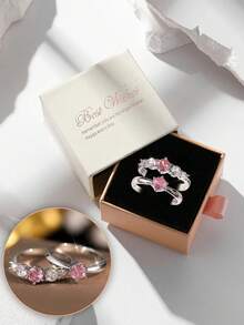 2pcs/Set Elegant Pink Cubic Zirconia Ring Set, Fashion Jewelry For Women Wedding Party Evening, Made Of Copper Alloy, Non-Allergic And Non-Fading, Ideal Valentine's Day Gift - Silver - View 12