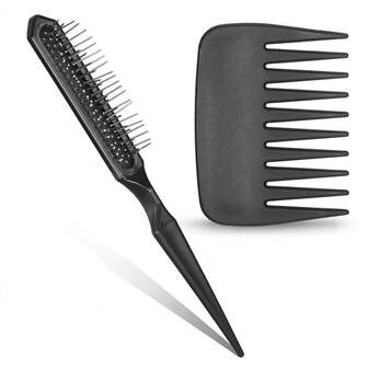 2 PCS Small Wide Tooth Comb Set, Hair Detangling Comb And 3 Row Synthetic Wig Brush Mini Palm Combs Wide-Tooth Edge Combs Professional Extension Brushes For Women Men Thick Curly Wavy Wigs Hair, Black