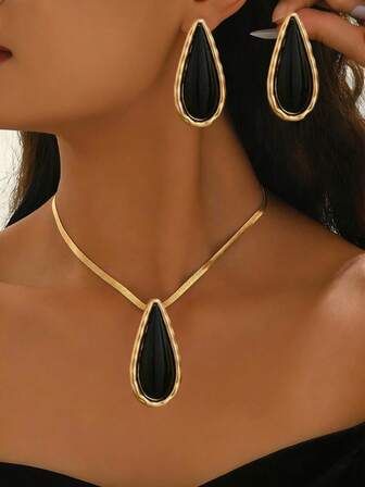2pcs/Set New Creative Geometric Teardrop Black & Gold Casual Minimalist European & American Chic Street Style Set