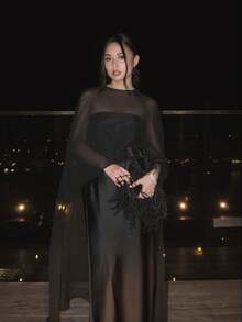 Women Sheer Long Cape Tops - Negro - Ver 2