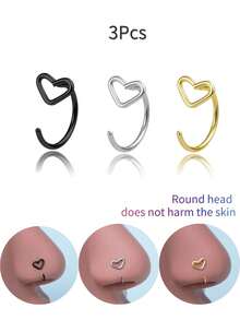 1个/2个/3个装不锈钢黑色心形鼻钉/鼻环，朋克嘻哈风格身体饰品，适合女性和女孩，L型鼻环，适合日常休闲佩戴