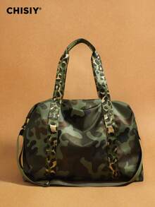 Original New Product Camouflage Green Tote Bag, Color Contrasting Splicing Large Capacity Handbag, Sports Bag, Fitness Bag, Travel Bag, Halloween Christmas Gift Suitable For Work, Vacation, Travel, Shopping, Daily Party Activities, Music Festivals, Autumn And Winter Collection - ngụy trang màu xanh lá cây - Xem 1