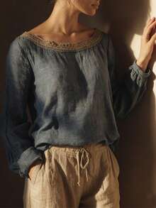 Áo sơ mi nữ tay dài chất liệu lanh viền ren, kiểu chui đầu, thích hợp mặc đi nghỉ mát mùa xuân. - Rửa nhẹ - Xem 4