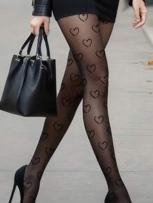 1 Pair Women's Hollow Heart Print Sheer Pantyhose, Ultra-Thin Slimming Anti-Snag, Fashionable Versatile For Daily Wear, Playful Romantic Gift