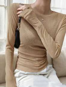 Y2K Elastic Sheer Long Sleeve Crew Neck Fitted T-Shirt Top Spring - Khaki - View 2