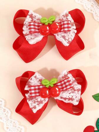 2 piezas Lazos de pelo con estilo de cereza roja para niñas, con clips de cocodrilo de cinta grosgrán, pinzas de pelo a cuadros, accesorios de pelo casuales y dulces con forma de fruta, regalos para niñas, pasadores de pelo, accesorios de pelo para adolescentes