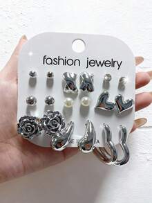 18pcs Elegant Heart, Water Drop, Flower, Faux Pearl & Rhinestone Geometric Pattern Earring Set, Fashionable Jewelry Gift For Women, Suitable For Date, Party, Wedding, Birthday, Christmas, Daily Wear - Silver - View 2
