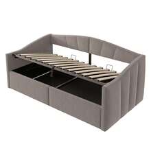 Upholstered Sofa Bed 90 X 200 Cm, Hydraulic Suspension, Slatted Base And Armrests, Classic Striped Pattern, Multifunctional Single Bed, Soft-Touch Velvet Upholstery, Grey