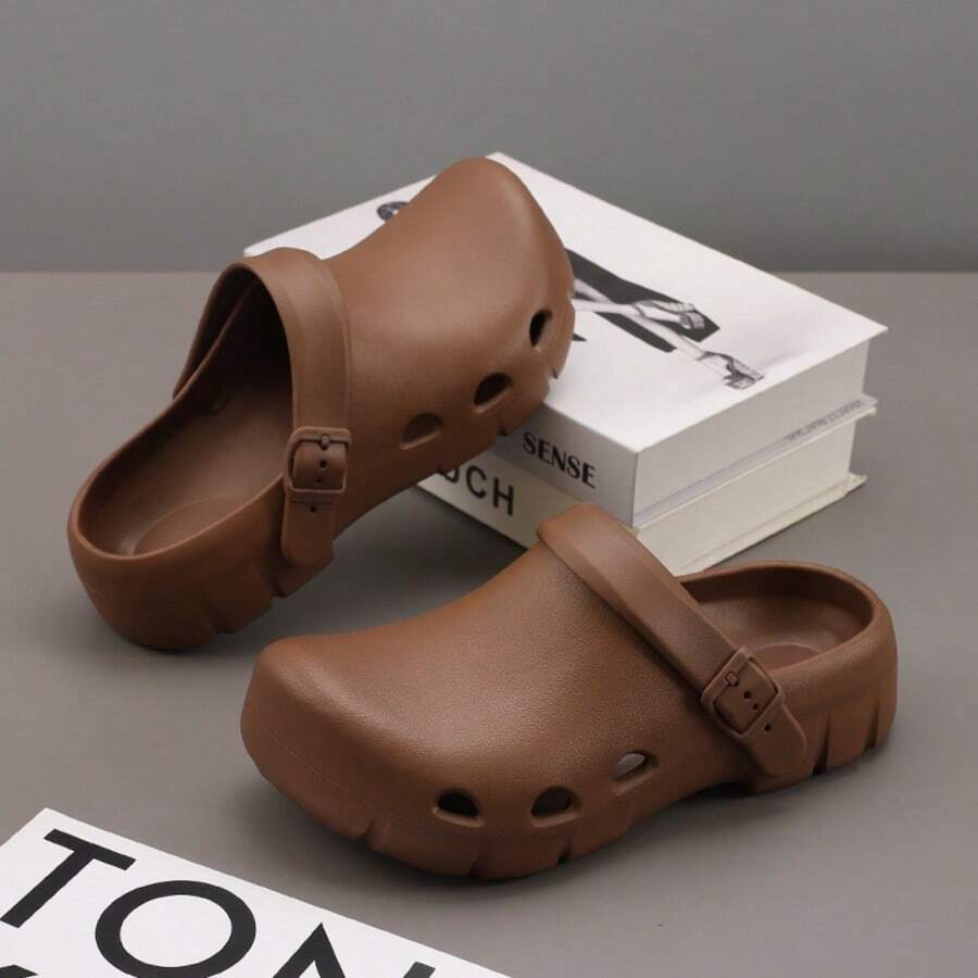 男士休闲拖鞋，情侣镂空厚底慵懒穆勒鞋，沙滩凉鞋，透气男士拖鞋，秋冬款 - 咖啡棕 - 查看 1