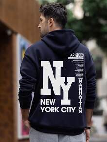 男士休闲纽约缩写印花连帽卫衣，返校季，秋冬季 - 藏蓝色 - 查看 2