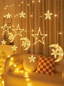 1pc 3.5M 126LED Moon Star Curtain String Lights, Fairy Icicle Lights For Indoor Home Window, Perfect Gift For Valentine's Day Mother's Day Birthday Party Christmas Decoration