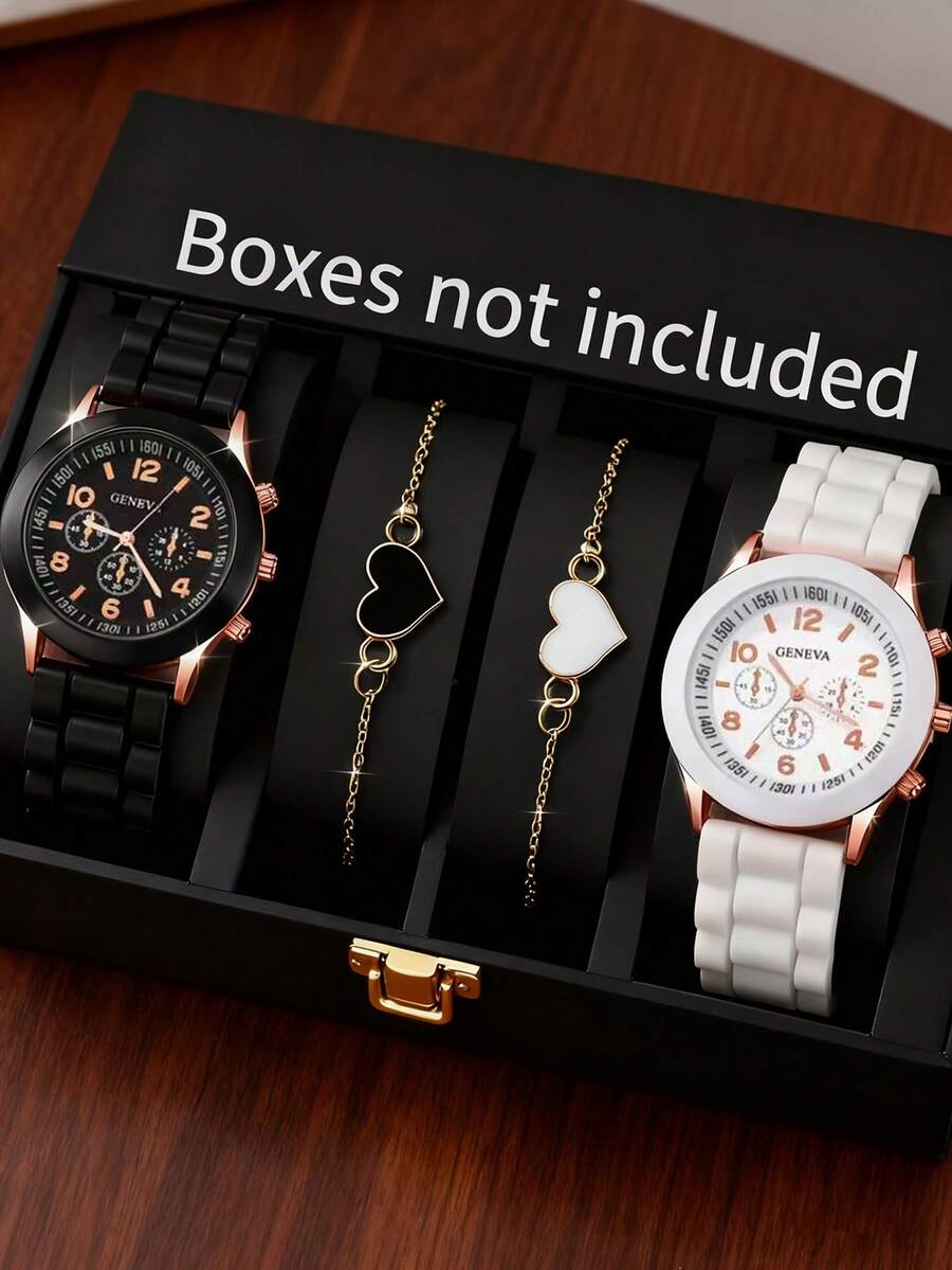 4pcs Simple Casual Women's Quartz Watches, Women's Gold Accessory Set (Including Black/White Dial Multifunction Watch And Heart-Shaped Chain Bracelet). Featuring Rose Gold Details Paired With Black And White Dials And Straps, And Heart-Shaped Elements Throughout The Set, Highlighting A Gentle And Elegant Style.