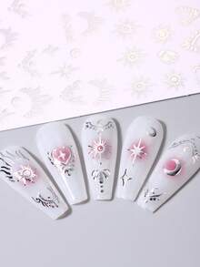 3片闪亮星星美甲贴纸 波西米亚风金属银色星爆星星月亮爱心Y2K美甲贴花 春季美甲用品 DIY婚礼美甲饰品装饰 - 銀色 - 查看 8