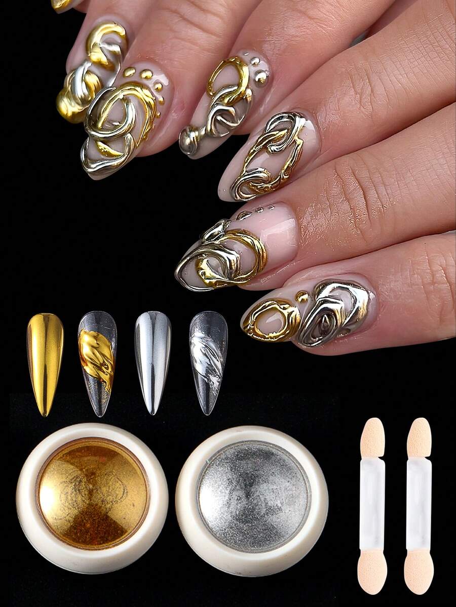 铬粉套装 金银魔镜粉 海绵棒 全息金属浸粉闪粉 美甲艺术用品及装饰品 - 彩色 - 查看 1