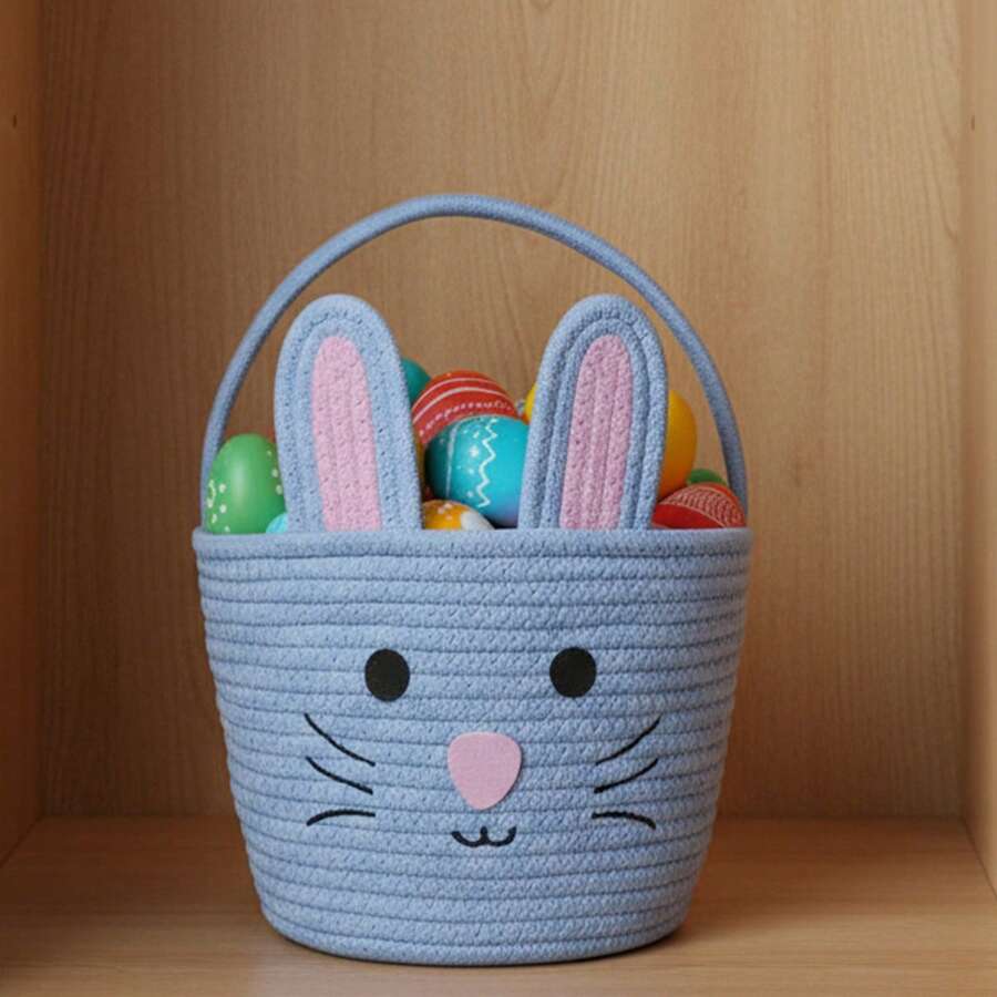 Cesta de conejito de Pascua para niños, cesta tejida de regalo con forma de huevo de Pascua para niñas y niños pequeños - Azul - Ver 1