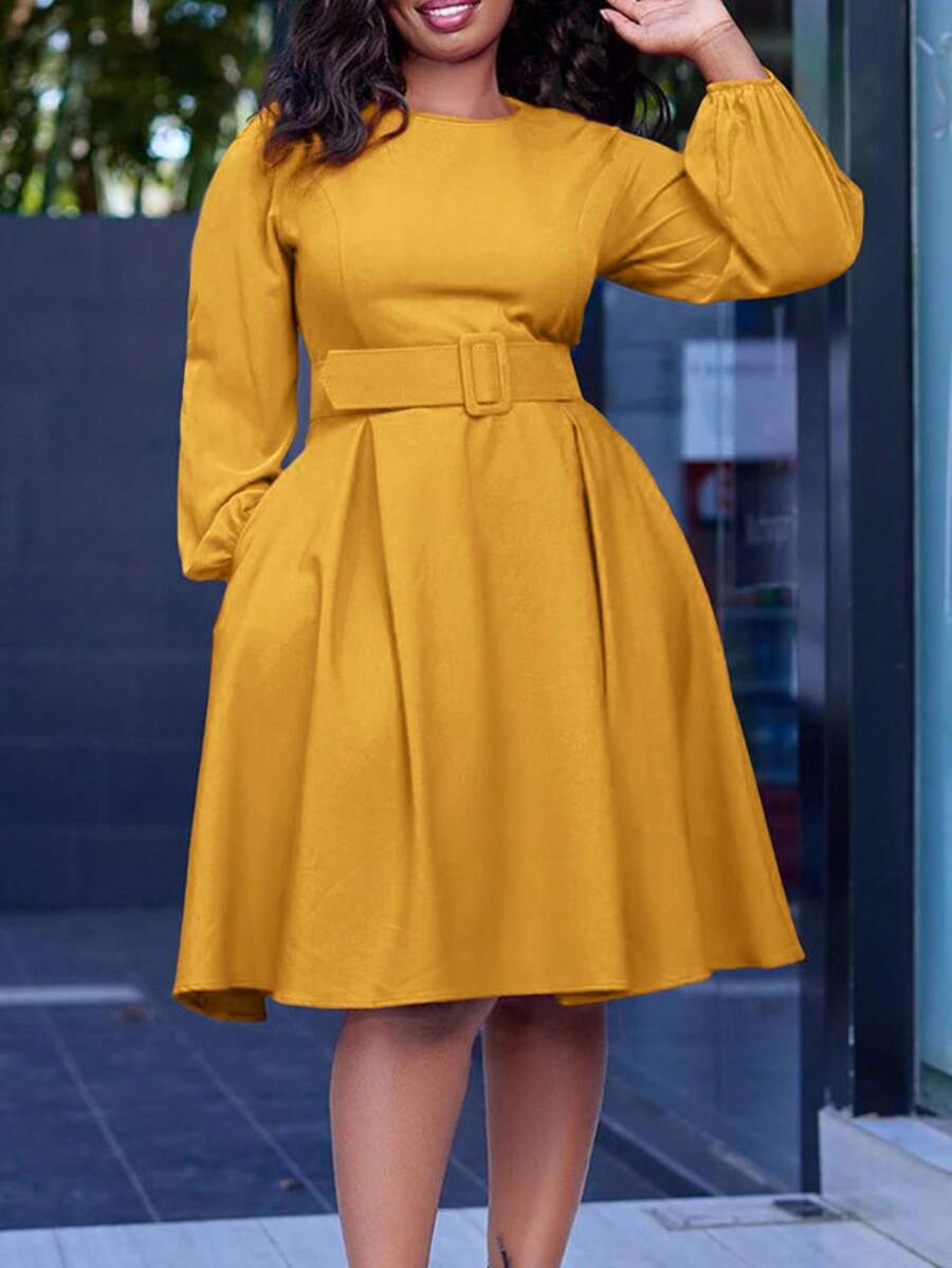 Váy midi viền bèo nhún thanh lịch dành cho nữ có thắt lưng, cổ tròn, túi, màu trơn, chất liệu vải phù hợp cho những dịp trang trọng, thường ngày, công sở, mùa thu - gừng - Xem 1