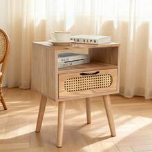 Buró Mesa De Noche Para Recámara Con Estante Y Cajón En Ratán Natural Color Madera Clara Café, Buró Multifuncional para Dormitorio y Sala de Estar - Marrón - Ver 1