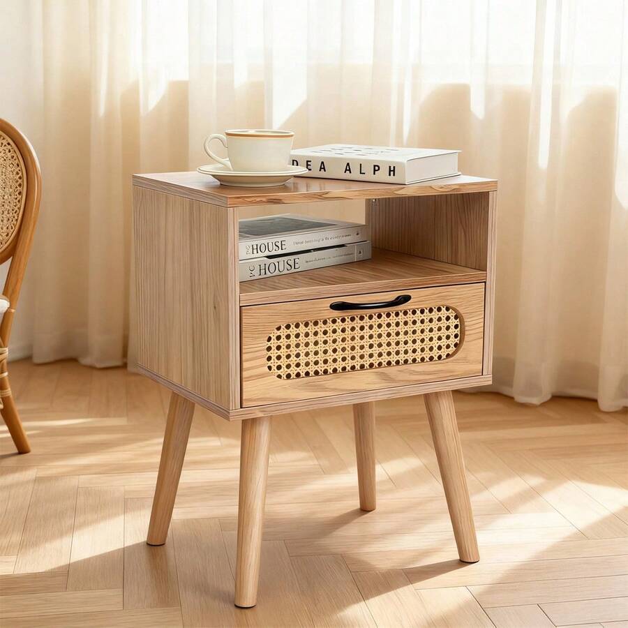 Buró Mesa De Noche Para Recámara Con Estante Y Cajón En Ratán Natural Color Madera Clara Café, Buró Multifuncional para Dormitorio y Sala de Estar - Marrón - Ver 1