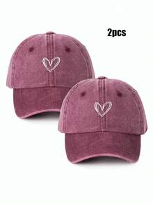 2pcs Embroidered Heart Washed Baseball Cap, Adjustable Couple Hats, Suitable For Spring/Autumn Travel, Beach, Casual Wear, Y2K Style Unisex Sun Hat - Baseball Cap - View 7