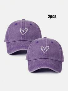 2pcs Embroidered Heart Washed Baseball Cap, Adjustable Couple Hats, Suitable For Spring/Autumn Travel, Beach, Casual Wear, Y2K Style Unisex Sun Hat - Baseball Cap - View 12