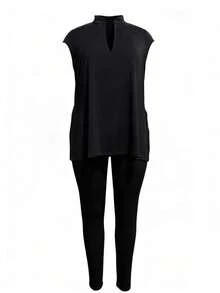 Plus Size Women Solid Color V-Neck Split Hem Top And Pants Casual 2 Pieces Set - Black - View 1