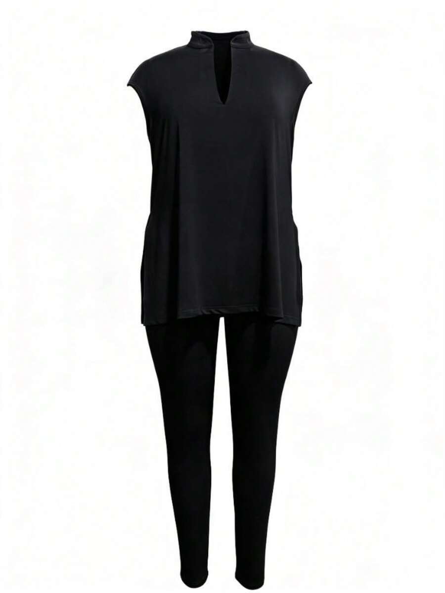 Plus Size Women Solid Color V-Neck Split Hem Top And Pants Casual 2 Pieces Set - Black - View 1