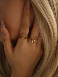 2 piezas Anillos abiertos de diseño único y minimalista de acero inoxidable - Dorado - Ver 2