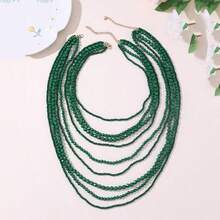 1Pc ZAA Multi-Layer Stacked Handmade Bead Necklace Exaggerated Waterfall Shaped Long Collarbone Chain Women's Jewelry Necklace Accessories Gifts - Green - View 4