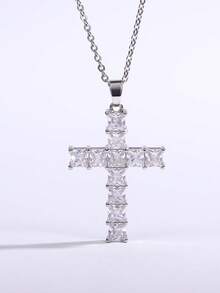 1pc Elegant Cubic Zirconia Cross Pendant Necklace, Gift For Women, Wedding Jewelry - Silver+White - View 3