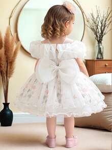 女婴无袖碎花网纱可爱花童礼服，适合一周岁生日派对、外出等场合，不含头饰 - 白色 - 查看 5