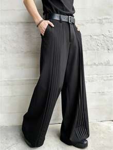 男士黑色阔腿裤，褶裥设计，街头风长裤 - 黑色 - 查看 2