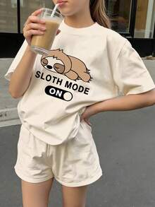 1件女童休闲树懒图案印花圆领短袖T恤，夏季学生青少年服装 - 杏色 - 查看 1