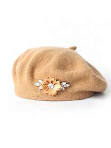 Boina feminina de lã com flor de strass, cor sólida, modelo casual e versátil (1 unidade). - Multicolorido - Ver 29