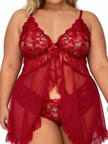 2pcs Plus Size Women's Lingerie Set, Lace Pattern, Split Hem Ruffle Skirt, Sexy Lingerie Nightgown, With Mesh Fabric And Straps - Burgundy - View 3