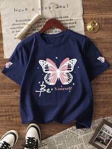 1pc Girls Casual Butterfly Print Round Neck Short Sleeve T-Shirt, Summer Student Young Children Clothing - Navy Blue - View 3