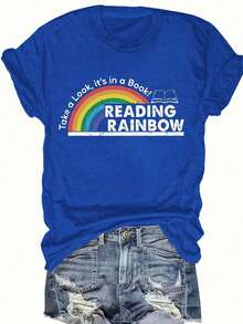 Women's T-Shirt Fitted Tops Print Y2K Crew Neck Tee-Plus Size - Women'S Red T-Shirt - Reading Rainbow Graphic Tee With Book Design - Casual Everyday Shirt For Teachers, Book Lovers - Valentine'S Day & Back To Outfits - Soft Everyday Top, Teacher Apparel, Playful Design, Comfortable Fit-Summer Festival Fashion,  Adult Heavyweight T-Shirt - 藍色 - 查看 9