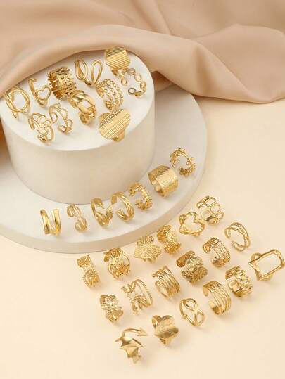 Set de 6 piezas/12 piezas/16 piezas/24 piezas de anillos minimalistas de acero inoxidable con tono dorado, en estilos surtidos adecuados para adolescentes y uso diario o como regalo