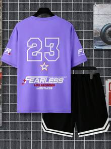 Men's Letter Print Round Neck Short Sleeve Casual T-Shirt And Drawstring Waist Shorts Set