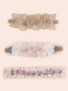 3 peças/Conjunto Faixa de Cabeça Elástica Decorada com Floral, Tule e Renda Fofa e Doce para Bebê - Multicolorido - Visão 12