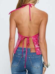 Women Y2k Halter Tank Top Glitter Sparkly Sleeveless Beaded Cami Top Summer Backless Crop Tank Top Going Out Rave Party Clubwear - 粉色 - 查看 6
