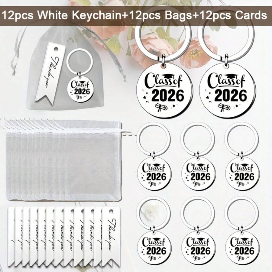 批發 36 件 2026 畢業鑰匙圈，白色金鋅合金圓形金屬裝飾品，客製化個性化勵志紀念鑰匙圈套組 - 彩色 - 查看 1