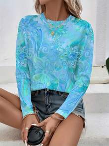 Women's Floral Print Long Sleeve T-Shirt - Vibrant Multicolor All-Over Design, Round Neck Casual Top, Machine Washable Spring/Fall Wardrobe Essential, Spring Fashion, Artistic Tee, Comfortable Fit, Print Blouse, Women - Xanh da trời - Xem 6
