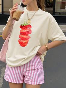 Strawberry Print Loose Women Short Sleeve T-Shirt, Suitable For Chinese New Year, Lunar New Year, Year Of The Horse, Spring Festival, Happy New Year, Valentine's Day, Valentine's Gift, Valentine's Day Gift For Her, Valentine's Present, Back To School Clothes, School Outfit Ideas, Back To School Essentials, First Day Of School Outfit, Back To School Outfits 2026 - Apricot - View 1