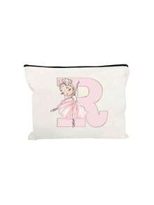 1 Personalized A-Z Initial Print Makeup Bag, Ballerina Girl Letter Print,Lightweight Makeup Organizer,Stylish Zippered Storage Bag, Multi-Functional Toiletry Pouch,Initials Option, Durable Fabric-Like Texture For Travel, Everyday Use,For Makeup, Skincare Products, Phones, Coins, Gifts, Weddings, And Holidays For Women And Girls, The Perfect Gift For Birthdays, Weddings, Holidays, And Parties
