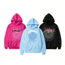 Y2K Pink Spider Graphic Hooded  Street Hip-Hop Spider Hoodies  Fashion Unisex Harajuku Vintage Long Sleeve Oversized Pullover Sweatshirt Top - 黑色 - 查看 1