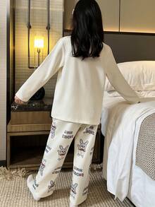 Autumn/Winter New Girls 2-Piece Set Round Neck Children's Pajamas Simple Cartoon Cute Letter Print Loungewear - Apricot - View 2