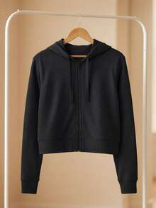 DEVIT - Sudadera con Capucha Crop Recortada de Mujer, Cremallera Frontal Completa y Cordones, Manga Larga, Casual, Moda Deportiva, Ajuste Holgado, Invierno, Otoño, Colores Negro, Oxford, Camel, Fiusha, Verde Militar y Lila. - Negro - Ver 10