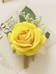 1pc Forest Style Artificial Rose Flower Leaf & Fruit Decor, Fashionable Groom/Groomsman Boutonniere, Suitable For Weddings, Banquets And Other Occasions Valentine's Day Accessories - Red - View 10