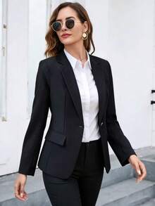 1pc Women's Black Single-Breasted Blazer, Refined Workwear Jacket With High-Quality Washable Fabric, Essential For Job Interviews And Office Wear - Black - View 5